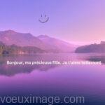 bonjour fille aube violet etang montagnes lointaines