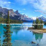 bonjour fille etang bleu avec hautes montagnes